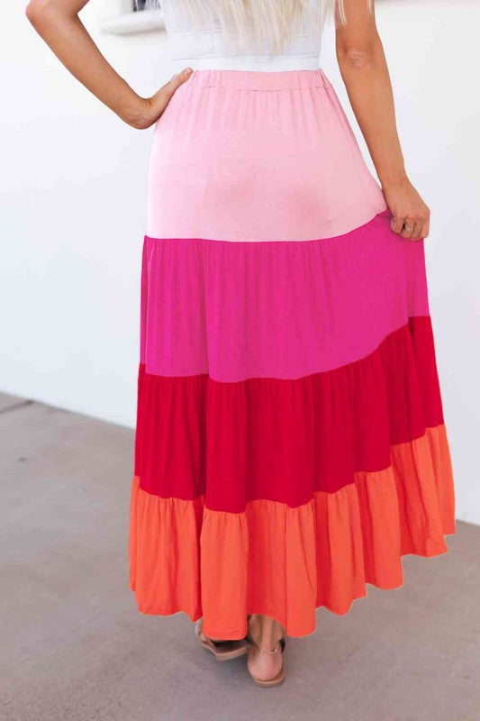 Women's Casual Color Block Tiered Maxi Skirt