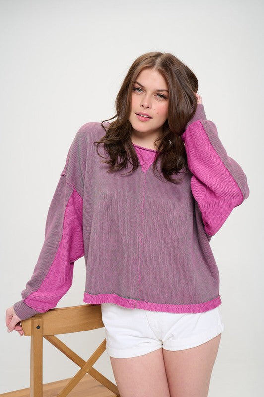 Women's Casual Color Block Knit Sweater with Dolman Sleeves