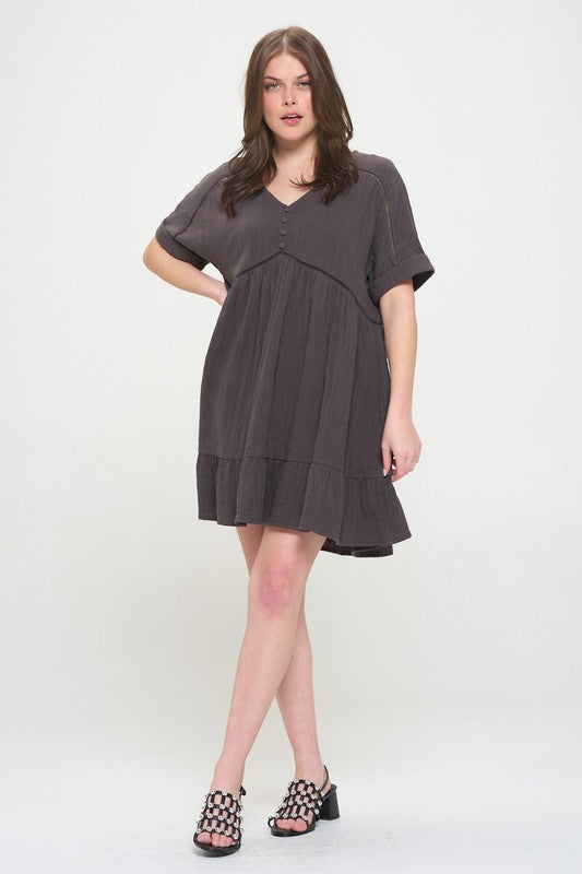 Women's Textured Short Sleeve V-Neck A-Line Dress