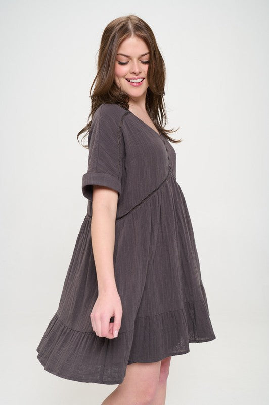 Women's Textured Short Sleeve V-Neck A-Line Dress