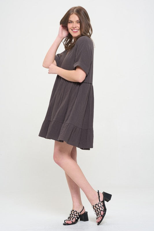 Women's Textured Short Sleeve V-Neck A-Line Dress