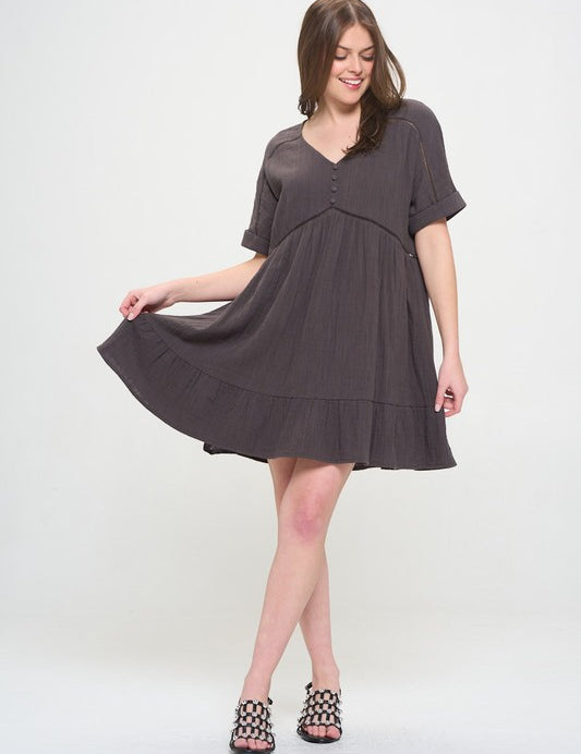 Women's Textured Short Sleeve V-Neck A-Line Dress