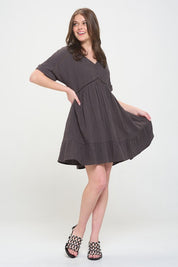 Women's Textured Short Sleeve V-Neck A-Line Dress