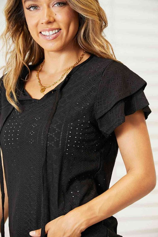 Women's Eyelet Tie-Neck Flutter Sleeve Top