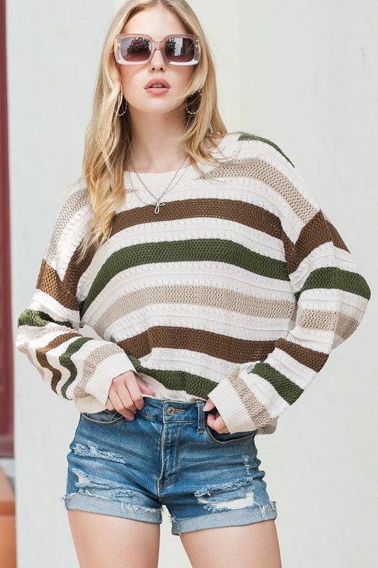 Women's Colorblock Striped Drop Shoulder Knit Sweater