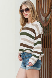 Women's Colorblock Striped Drop Shoulder Knit Sweater