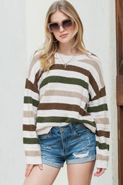 Women's Colorblock Striped Drop Shoulder Knit Sweater