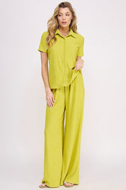 TEXTURED SHORT SLV BUTTON DOWN/WIDE LEG PANTS SET