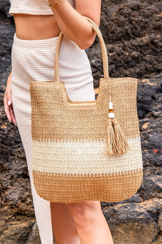 Women's Two-Tone Woven Straw Tote Bag