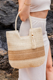 Women's Two-Tone Woven Straw Tote Bag