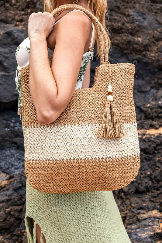 Women's Two-Tone Woven Straw Tote Bag