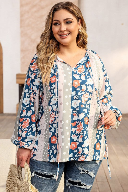 Plus Size Irene Floral Print Tie Neck Top