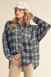 Women's Oversized Flannel Shirt with Patchwork Design