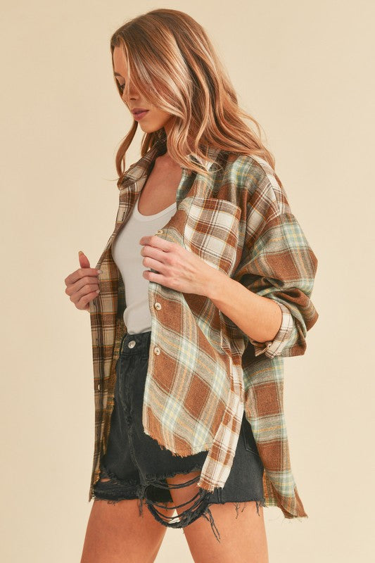 Women's Oversized Flannel Shirt with Patchwork Design