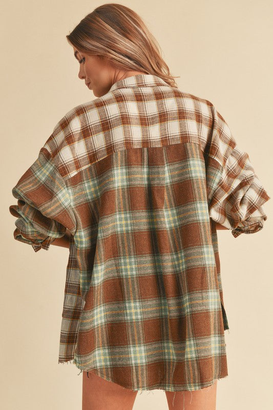 Women's Oversized Flannel Shirt with Patchwork Design