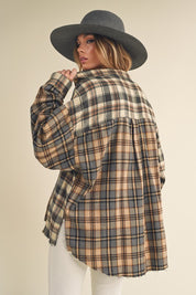 Women's Oversized Flannel Shirt with Patchwork Design