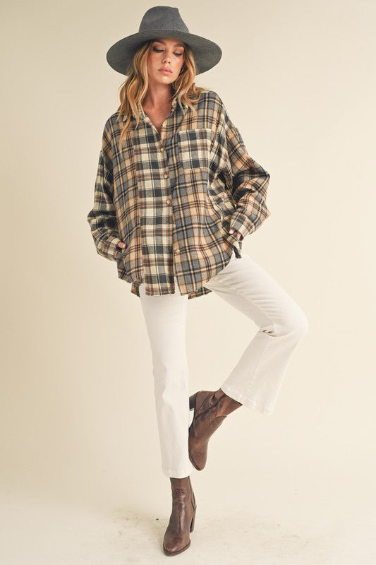 Women's Oversized Flannel Shirt with Patchwork Design