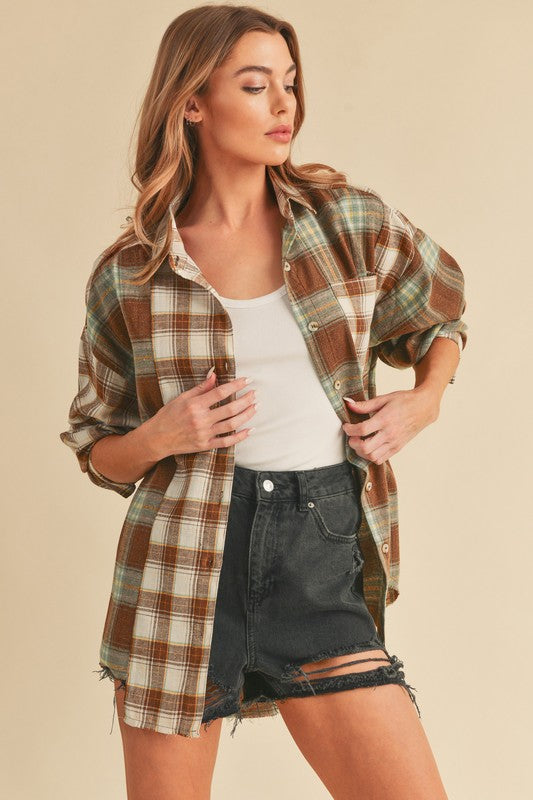 Women's Oversized Flannel Shirt with Patchwork Design