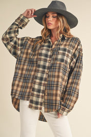 Women's Oversized Flannel Shirt with Patchwork Design