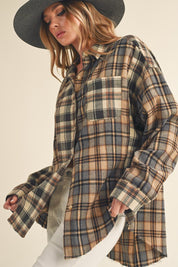 Women's Oversized Flannel Shirt with Patchwork Design