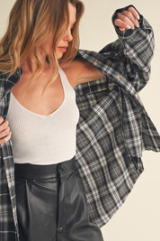 Women's Oversized Flannel Shirt with Patchwork Design