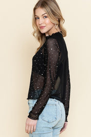 Women's Cropped Rhinestone Mesh Top