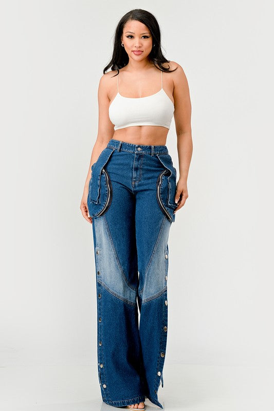 Women's High-Waisted Wide-Leg Indigo Denim Pants