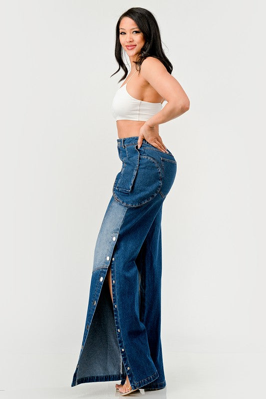 Women's High-Waisted Wide-Leg Indigo Denim Pants