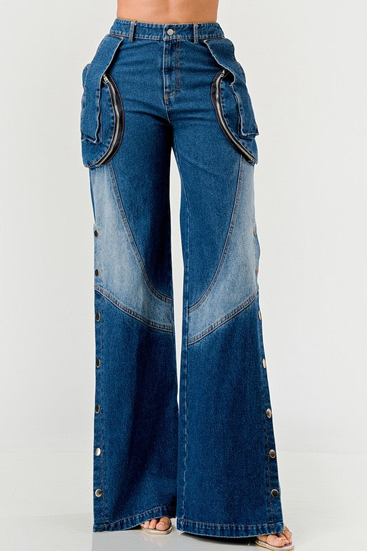 Women's High-Waisted Wide-Leg Indigo Denim Pants