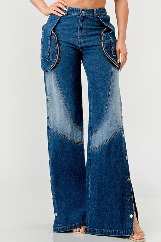 Women's High-Waisted Wide-Leg Indigo Denim Pants