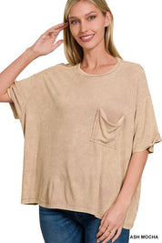 Women's Washed Ribbed Oversized Short Sleeve Round Neck Top