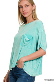 Women's Washed Ribbed Oversized Short Sleeve Round Neck Top