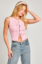 Women's Fitted Satin Bow Detail Sleeveless Sweater Top