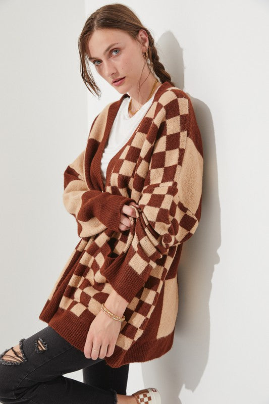 Women's Checkered Oversized Sweater with Button Closure