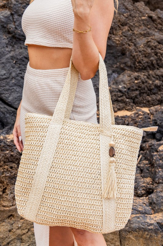 Women's Woven Straw Tassel Tote Bag