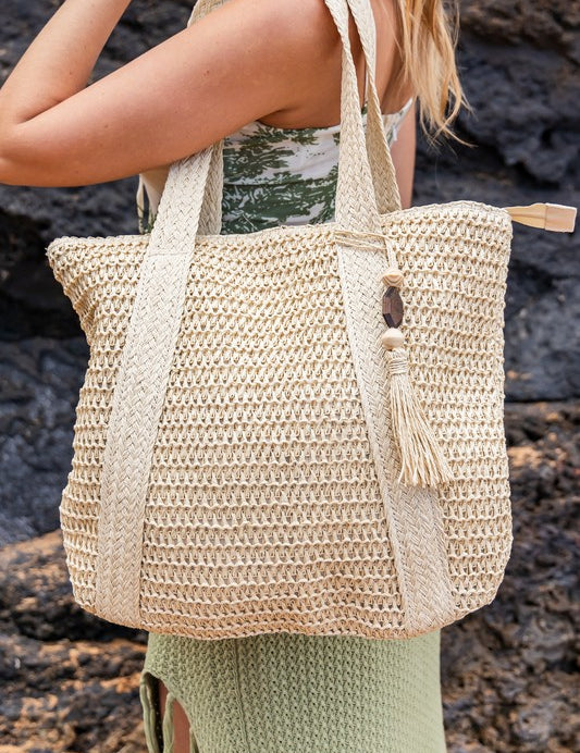 Women's Woven Straw Tassel Tote Bag