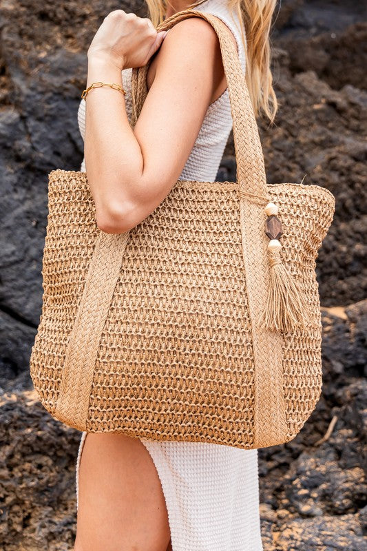 Women's Woven Straw Tassel Tote Bag