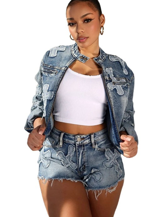 Women's Stylish Denim Two-Piece Short Set