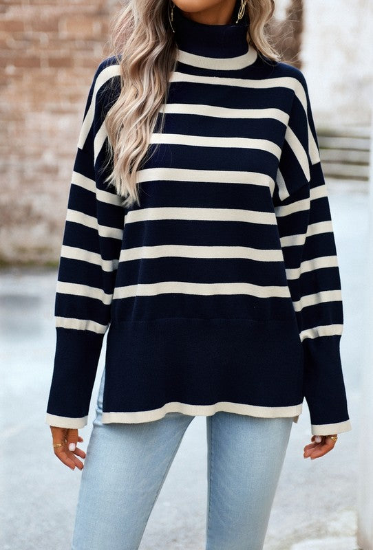 Women's Striped Turtleneck Knit Pullover Sweater