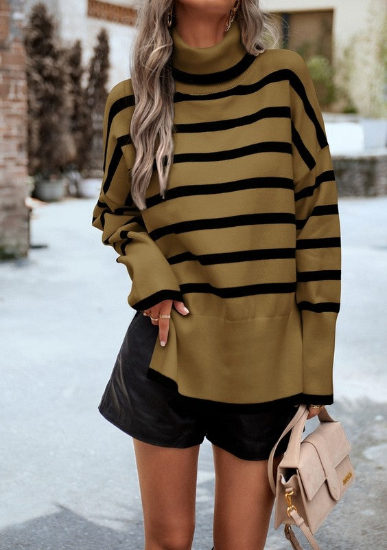 Women's Striped Turtleneck Knit Pullover Sweater