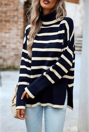 Women's Striped Turtleneck Knit Pullover Sweater