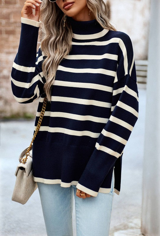 Women's Striped Turtleneck Knit Pullover Sweater