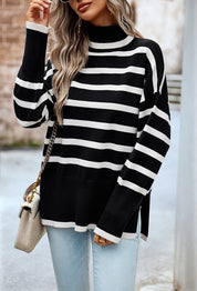 Women's Striped Turtleneck Knit Pullover Sweater