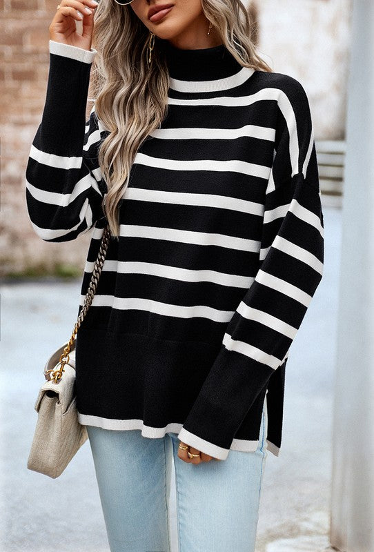 Women's Striped Turtleneck Knit Pullover Sweater