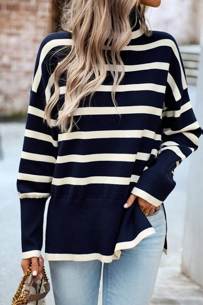 Women's Striped Turtleneck Knit Pullover Sweater