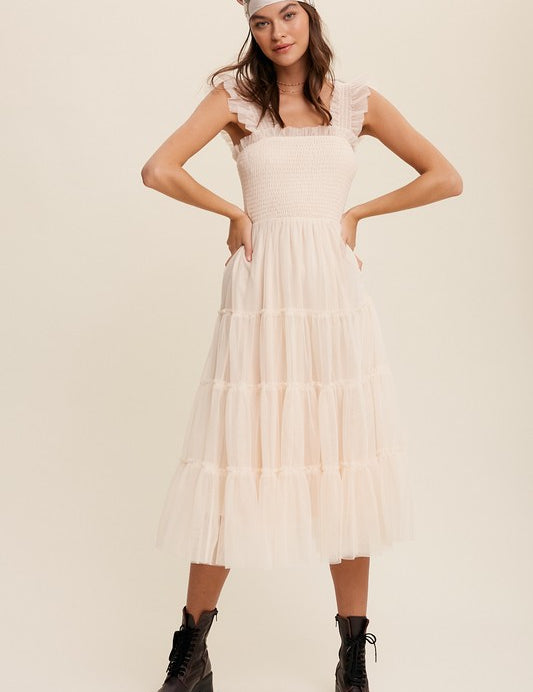 Smocked Ruffle Tiered Mesh Midi Maxi Dress