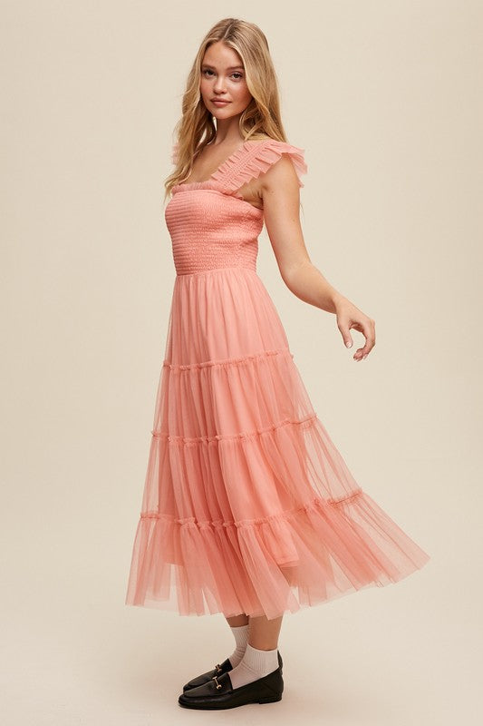 Women's Ruffle Tiered Mesh Midi Maxi Dress