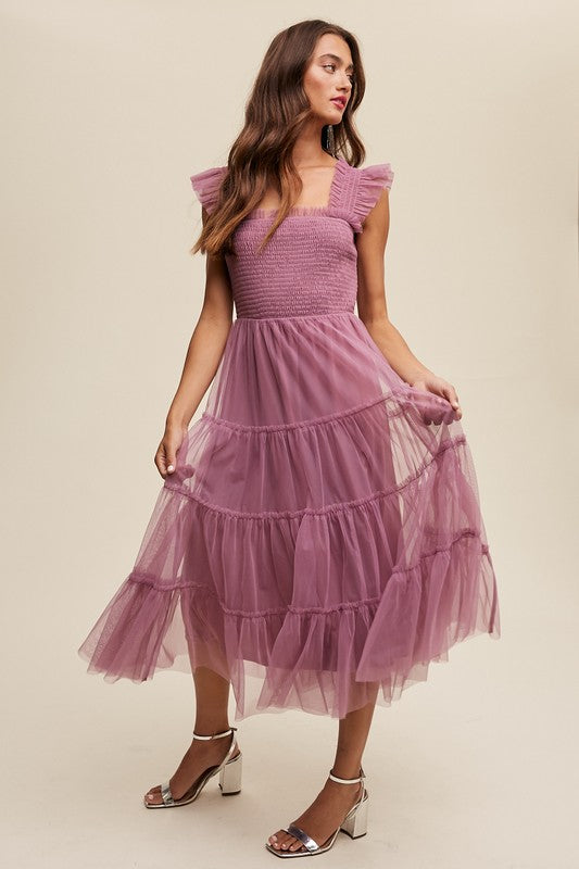 Women's Ruffle Tiered Mesh Midi Maxi Dress