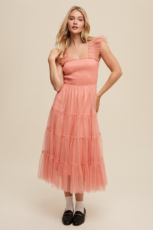 Women's Ruffle Tiered Mesh Midi Maxi Dress