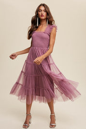 Women's Ruffle Tiered Mesh Midi Maxi Dress